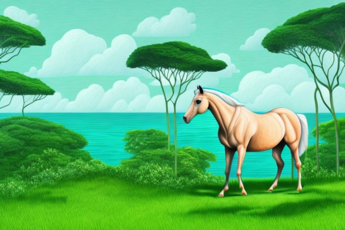 A horse in a lush green forest landscape