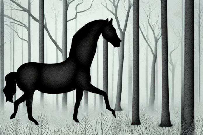 A black horse in a forest setting in east london