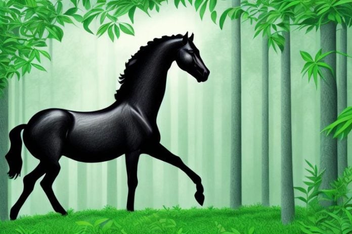 A majestic black horse in a lush green forest setting