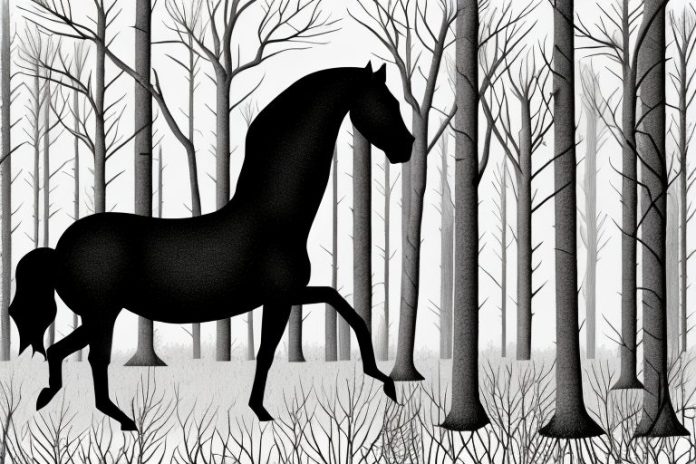 A black horse in a forest setting in uitenhage