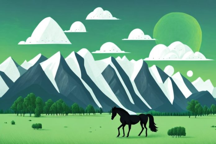 A majestic black horse in a lush green landscape