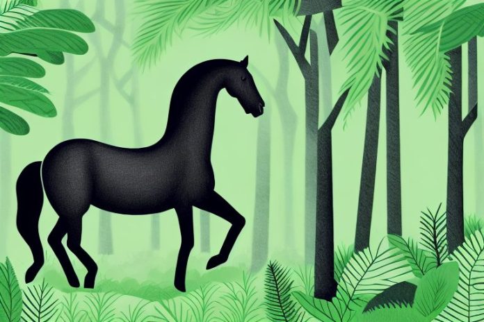 A black horse in a lush green forest in king william's town