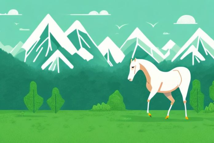 A horse in a lush green forest with a backdrop of mountains