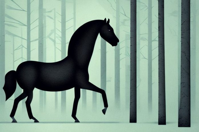 A black horse in a forest setting near the port alfred coastline in south africa