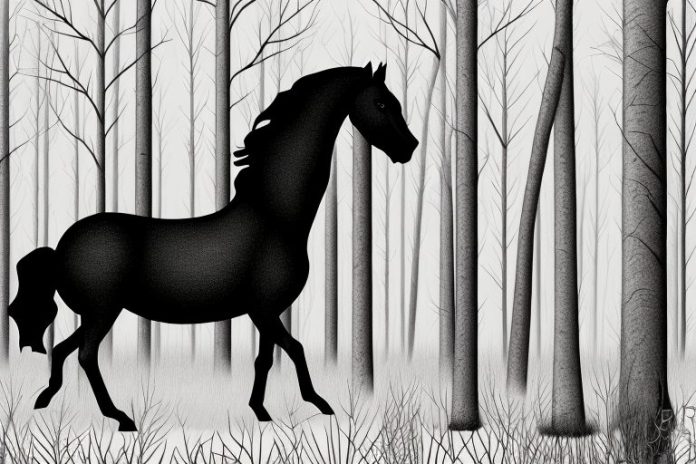 A black horse in a forest setting in butterworth