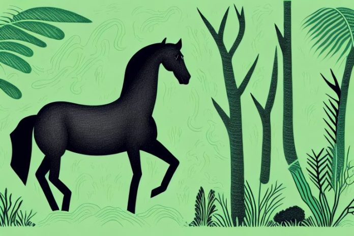 A black horse in a lush green forest in jeffreys bay