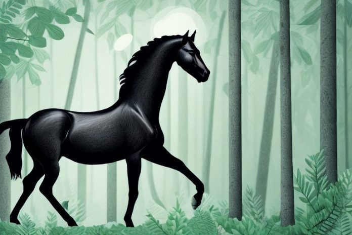 A majestic black horse in a lush forest setting