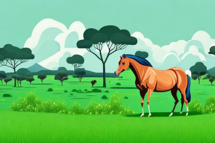 A horse in a lush green field