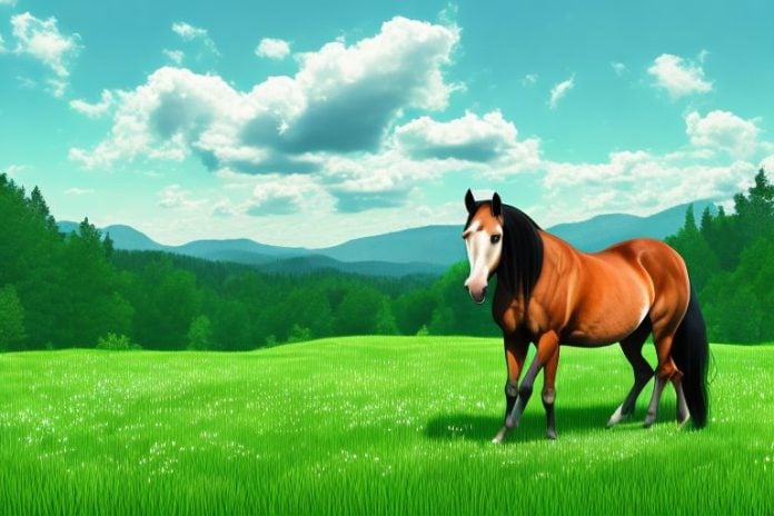 A horse in a lush green meadow with a view of the black forest in the background