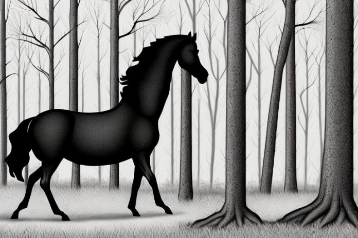 A black horse in a forest setting in bethlehem