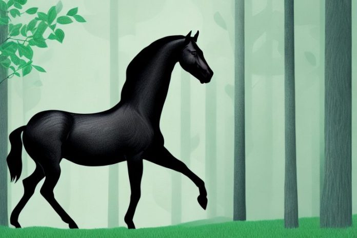 A majestic black horse in a lush forest setting