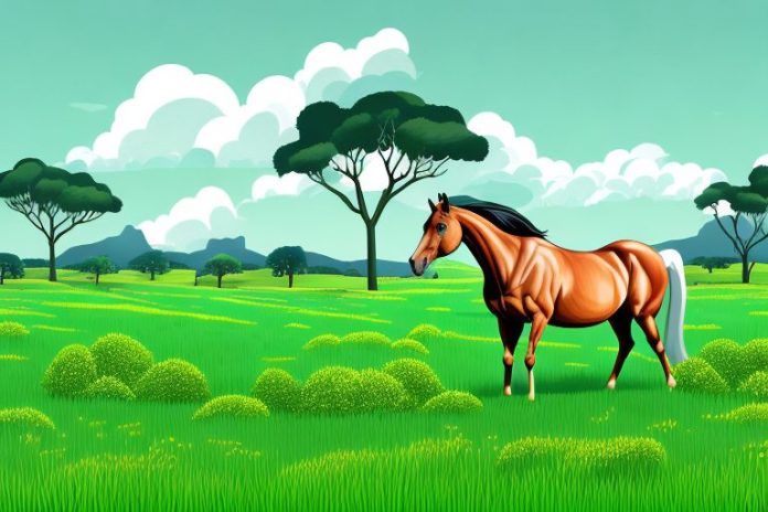 A horse in a lush green meadow surrounded by trees in the black forest of gauteng