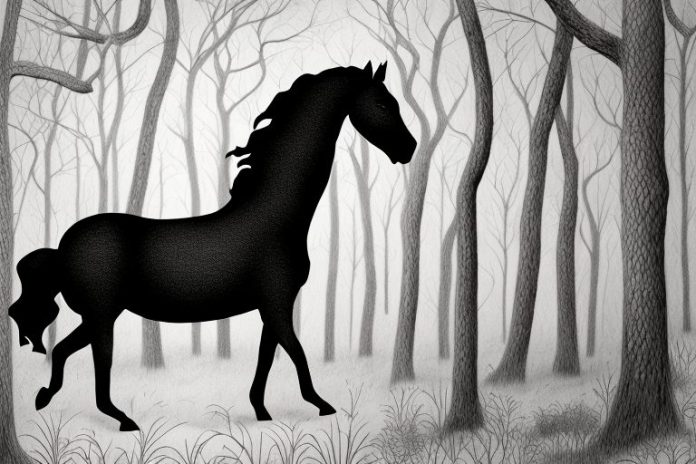 A black horse in the forest near botshabelo