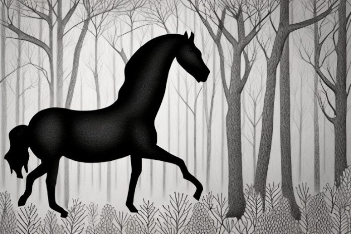 A black horse in the forest near krugersdorp