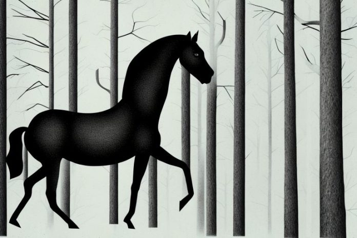 A black horse in a forest setting in randburg