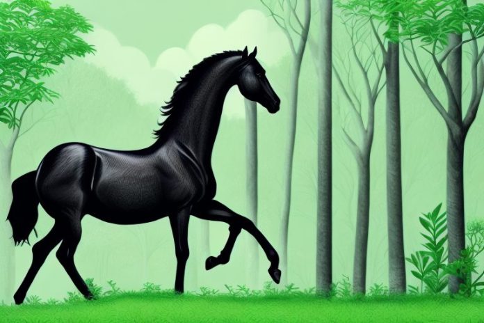 A majestic black horse in a lush green forest in limpopo