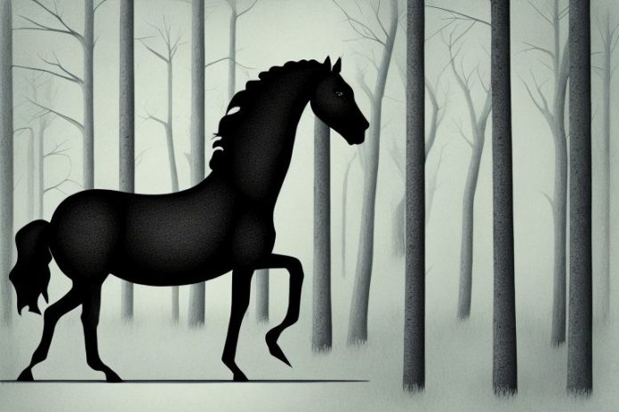 A black horse in a forest setting in polokwane