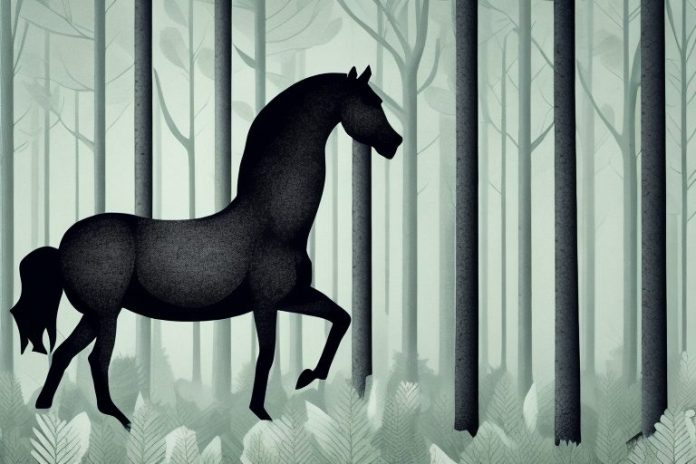 A black horse in a forest setting with trees and foliage