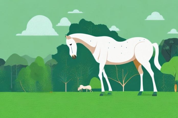 A horse grazing in a lush