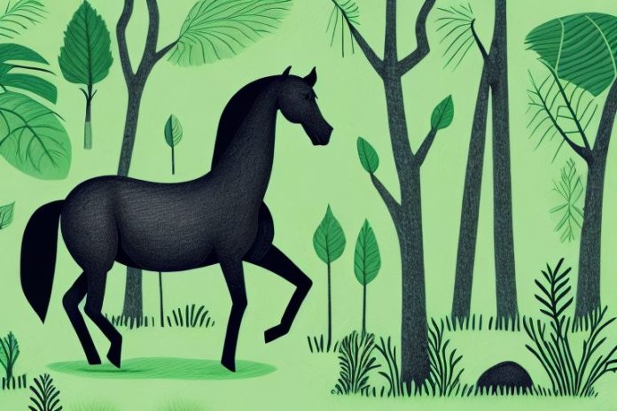 A black horse in a lush