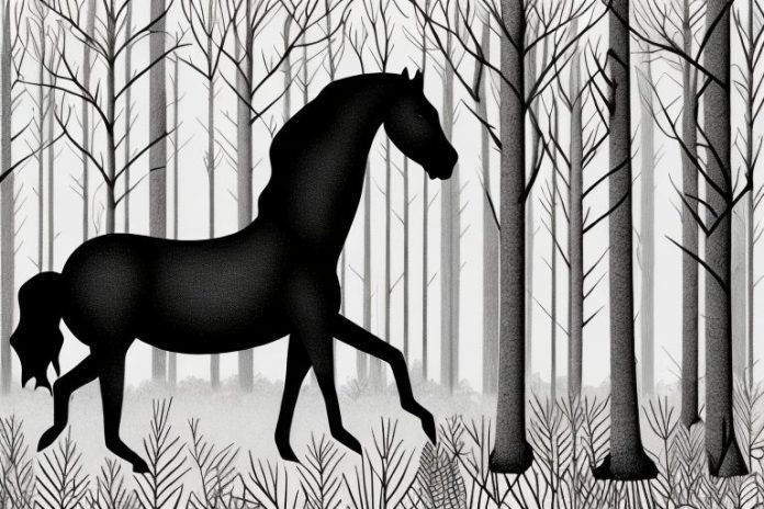 A black horse in a forest setting in modimolle