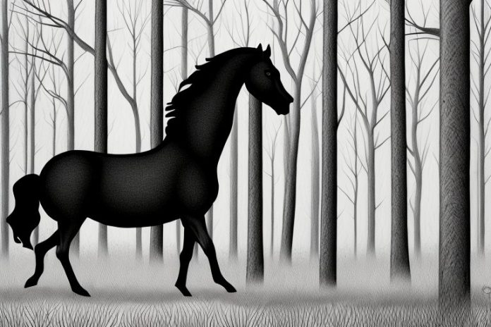 A black horse in a forest setting in louis trichardt