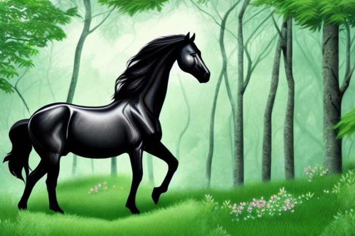 A majestic black horse in a lush green forest setting in bela-bela