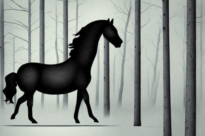 A black horse in a forest setting in standerton