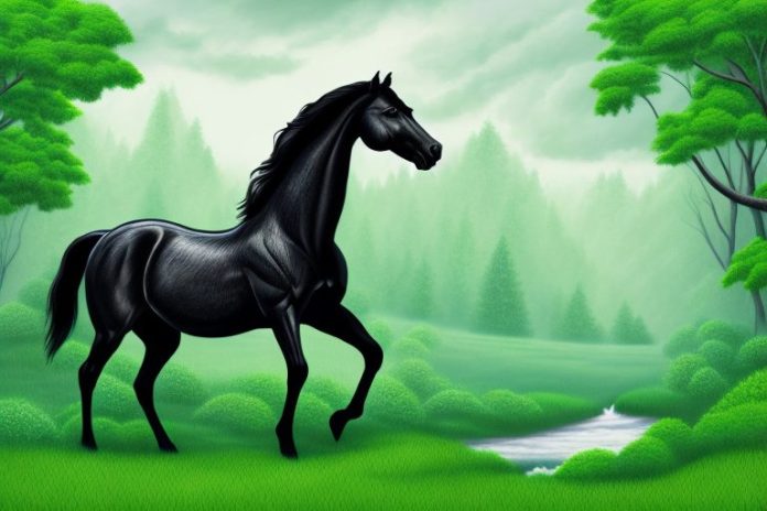 A black horse standing in a lush green forest with a river running through it