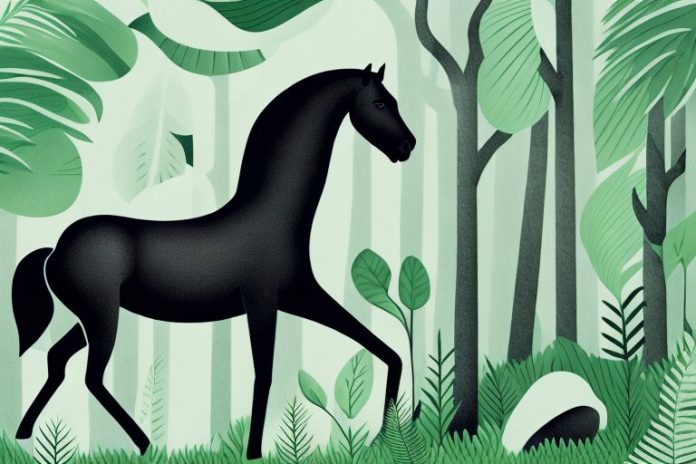 A black horse in a lush forest setting