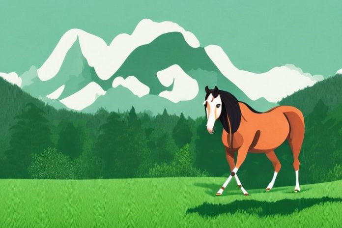 A horse in a lush green landscape with the black forest in the background