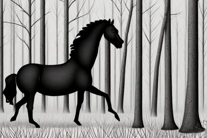 A black horse in a forest setting in kuruman