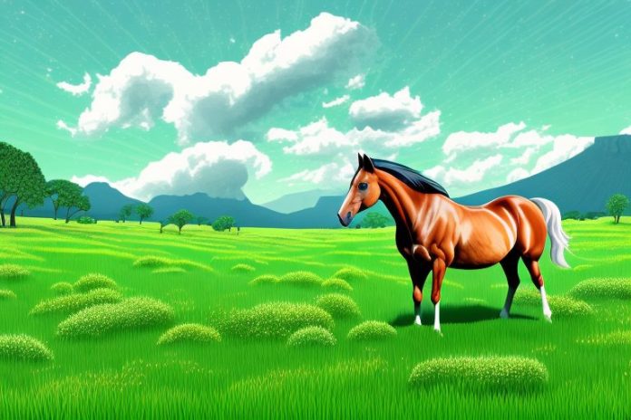 A horse in a lush green meadow in the black forest of postmasburg