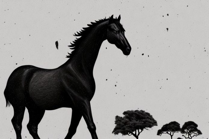 A majestic black horse in its natural environment in the south african countryside