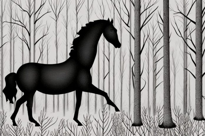 A black horse in a forest setting in colesberg