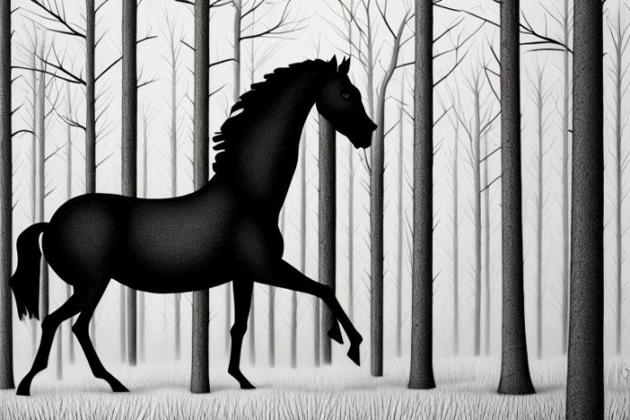 A black horse in a forest setting in calvinia