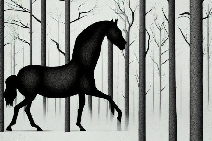 A black horse in a forest setting in the north west of south africa