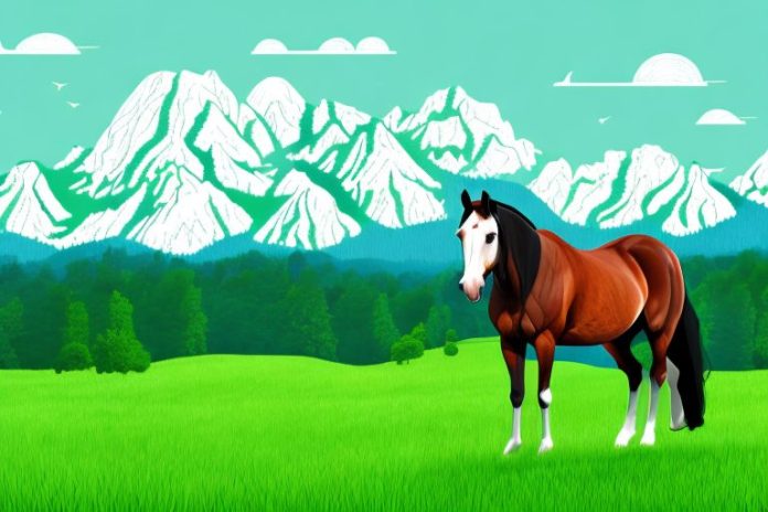 A horse in a lush green pasture with the majestic black forest mountains in the background