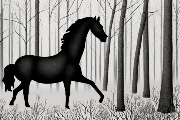 A black horse in a forest setting near klerksdorp