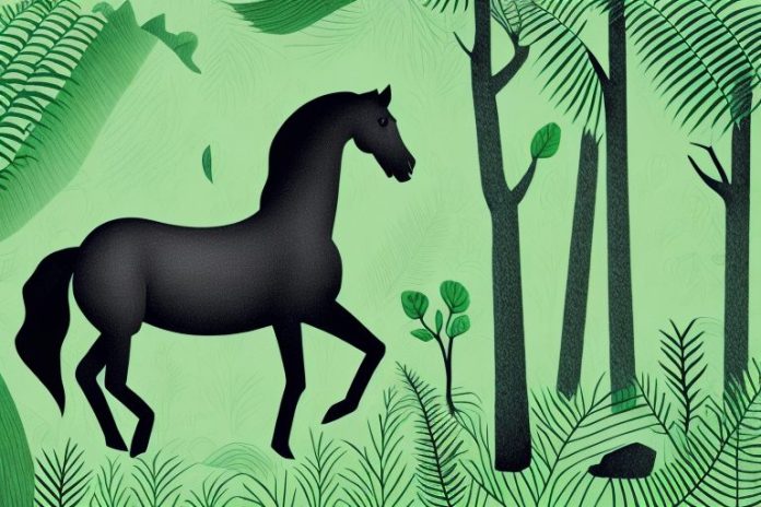 A black horse in a lush green forest in stilfontein