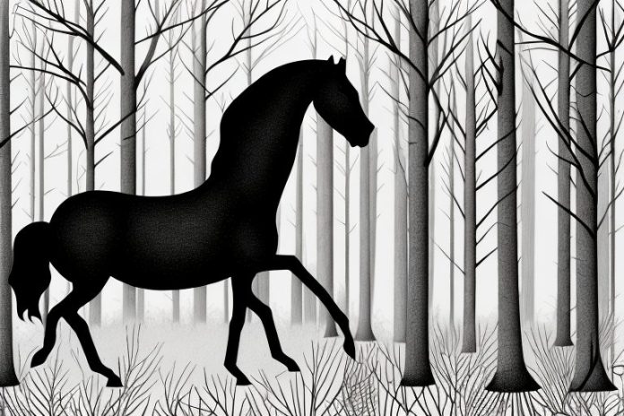 A black horse in a forest setting in brits