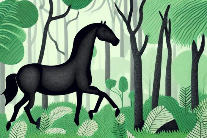 A black horse in a lush forest setting near hartbeespoort