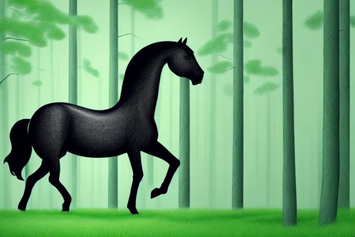 A black horse in a green forest setting