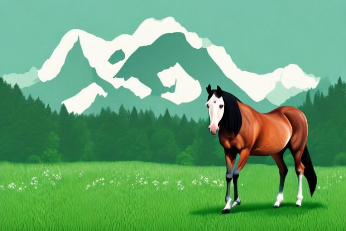 A horse in a lush green field with the black forest in the background