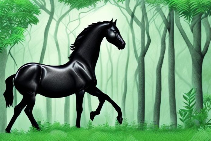 A majestic black horse in a lush green forest in cape town