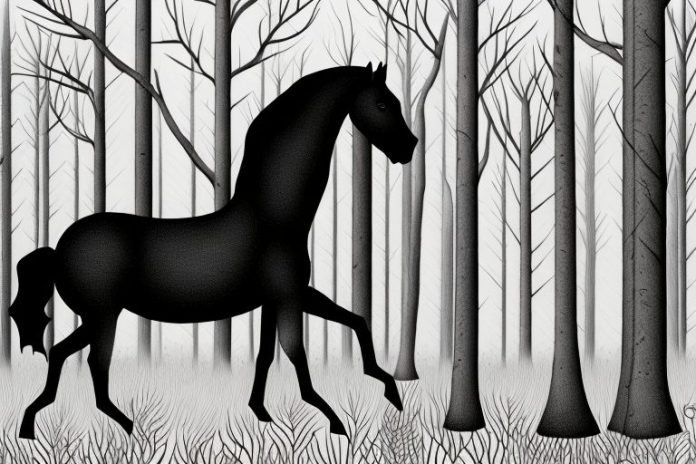 A black horse in a forest setting in knysna