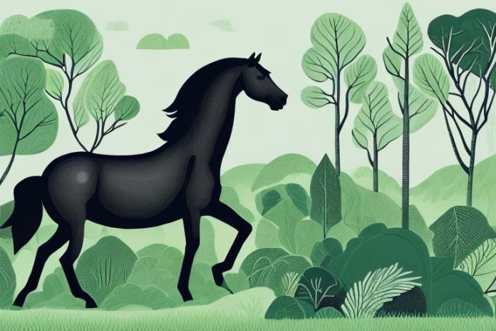 A black horse in a lush forest landscape in mossel bay