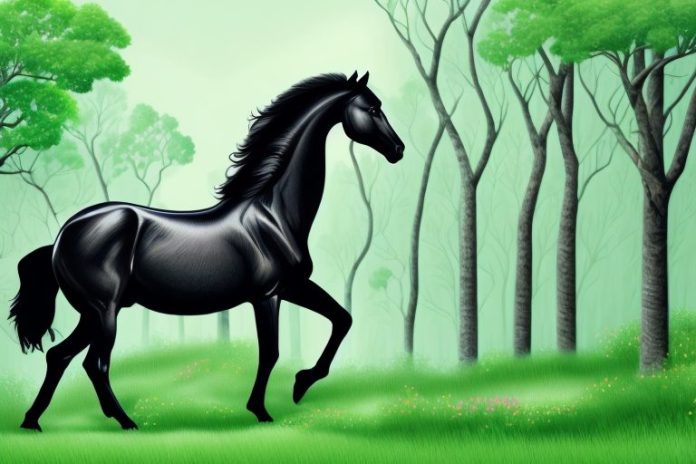 A majestic black horse in a lush green forest in the oudtshoorn region of south africa