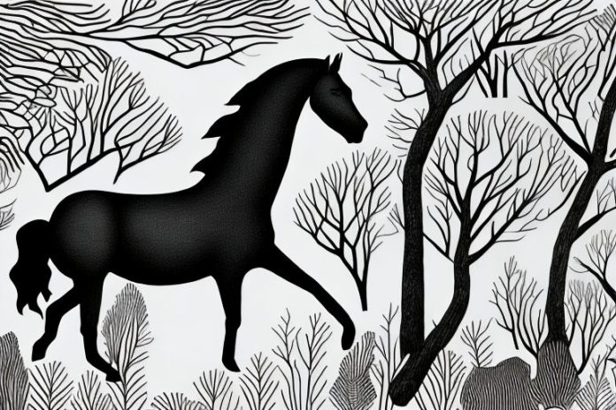 A black horse in a south african forest
