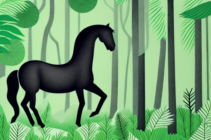 A black horse in a lush